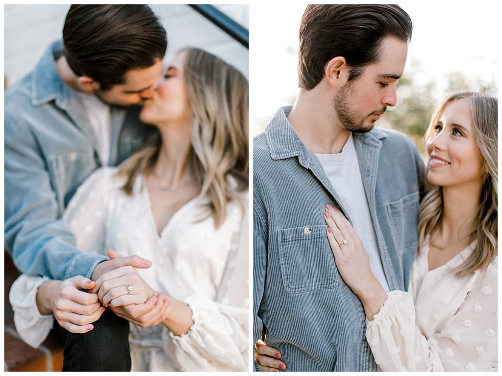 two collage photos of couple looking at each other