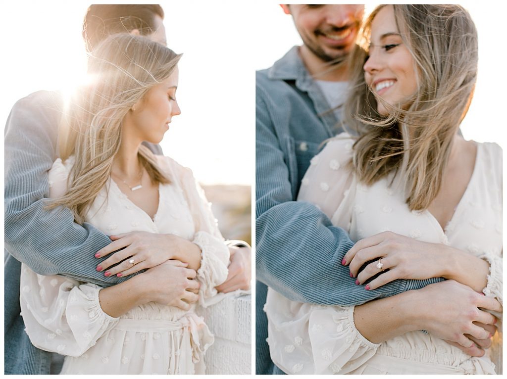 two photos of couple holding each other and laughing