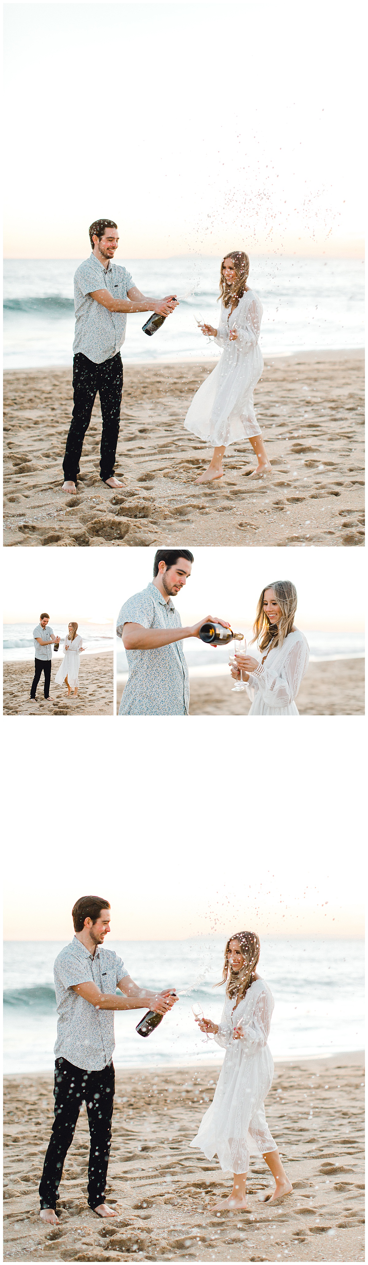 couple popping champagne at sunset on the beach